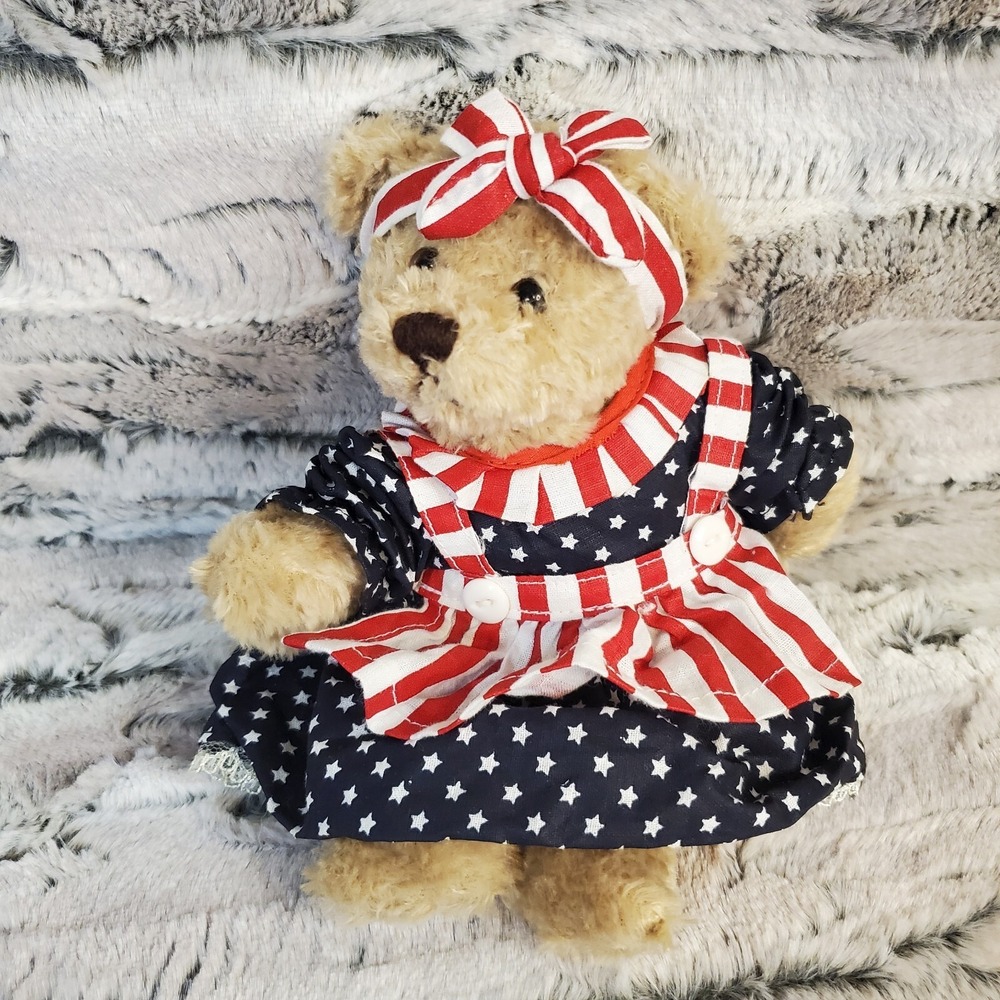 Plushland Patriotic Beige Teddy Bear July 4th Red White Blue Flag Dress 7"